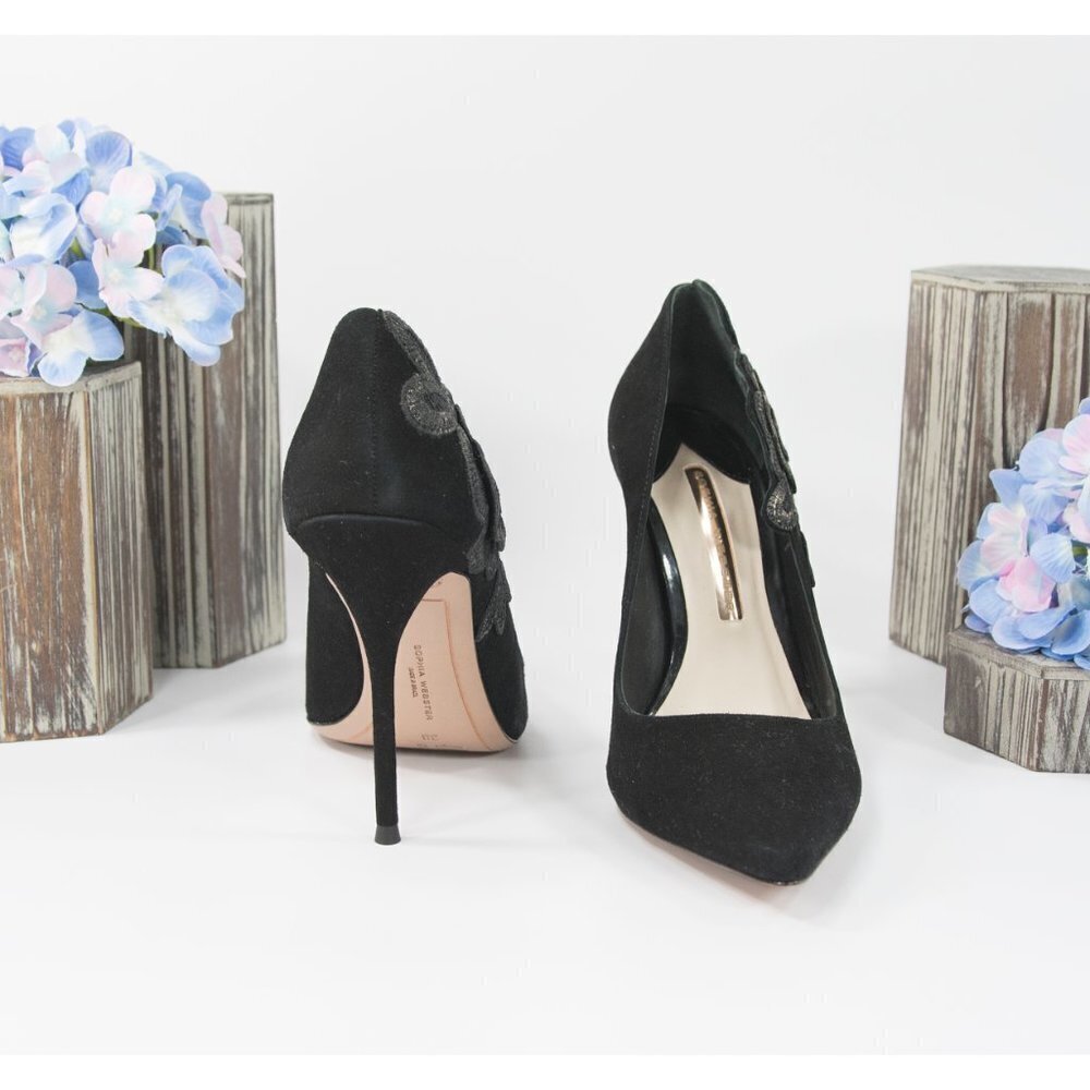 Sophia Webster Black Floral Applique Suede Heels - Picture 3 of 8